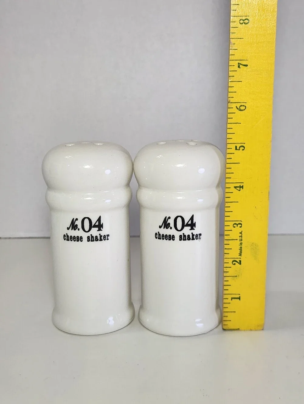 White Ceramic No. 04 Cheese Shakers Set of 2, Perforated Tops With Stoppers